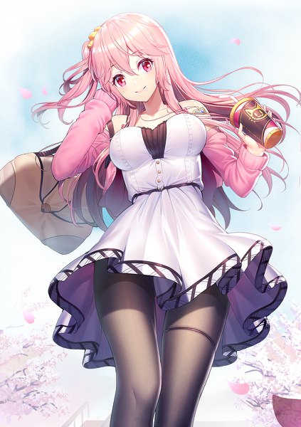 Anime picture 846x1200 with original emily stock ririko (zhuoyandesailaer) single long hair tall image looking at viewer fringe smile hair between eyes holding pink hair sky outdoors parted lips pink eyes from below one side up cherry blossoms arm behind head