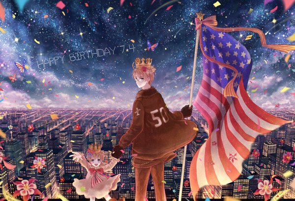 Anime picture 1900x1300 with axis powers hetalia studio deen america (hetalia) anko kinako looking at viewer blush highres short hair open mouth blue eyes blonde hair smile hair flower night sky city holding hands cityscape happy birthday flag print boy