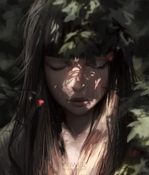 Anime picture 763x900 with original guweiz single long hair tall image fringe brown hair signed eyes closed lips blurry realistic shadow text portrait dust girl flower (flowers) plant (plants) tree (trees)