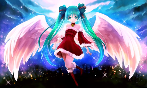 Anime picture 2000x1200 with vocaloid hatsune miku arie9 single highres wide image twintails cloud (clouds) very long hair aqua eyes aqua hair christmas girl dress bow hair bow detached sleeves wings bell