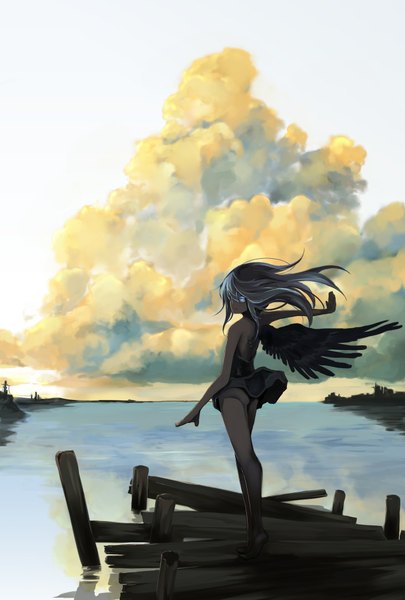 Anime picture 1378x2039 with original yunar single long hair tall image looking at viewer fringe blue eyes standing bare shoulders sky cloud (clouds) looking back barefoot wind from behind hair over one eye no shoes back glowing