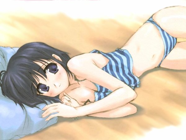 Anime picture 1024x768 with tagme (artist) single looking at viewer short hair blue eyes black hair lying underwear only on side striped girl underwear panties pillow striped panties camisole