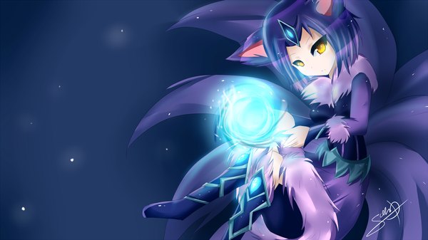 Anime picture 1920x1079 with league of legends ahri (league of legends) zuyu single looking at viewer highres short hair wide image animal ears yellow eyes blue hair magic multiple tails girl