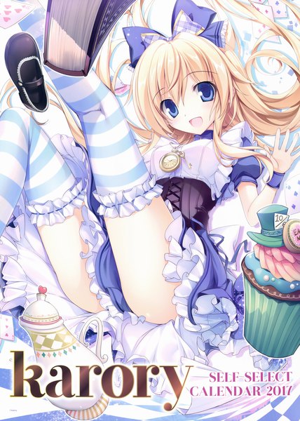 Anime picture 4995x7000 with alice in wonderland alice (wonderland) karory single long hair tall image looking at viewer highres open mouth blue eyes light erotic blonde hair absurdres scan girl thighhighs dress bow hair bow frills