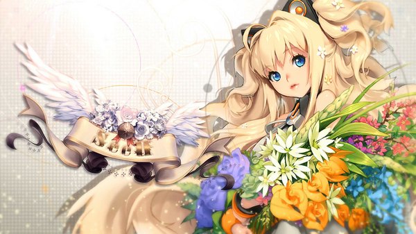 Anime picture 889x500 with vocaloid seeu kkuem single long hair fringe blue eyes blonde hair wide image looking away ahoge hair flower wind shadow two side up character names gradient background girl hair ornament flower (flowers)