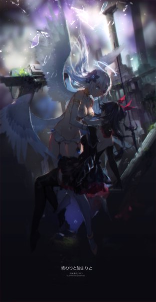 Anime picture 2598x5000 with choujigen game neptune noire black heart swd3e2 long hair tall image highres breasts light erotic black hair twintails bare shoulders multiple girls white hair hair flower aqua hair bare belly angel wings fantasy white wings