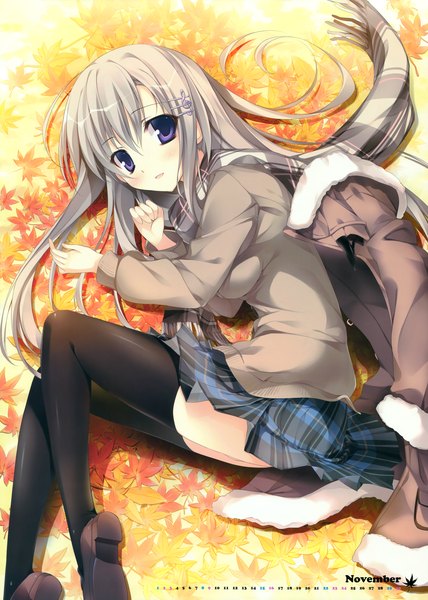 Anime picture 4999x7000 with original karory single long hair tall image looking at viewer highres purple eyes absurdres silver hair scan official art calendar 2014 girl thighhighs skirt uniform black thighhighs school uniform jacket
