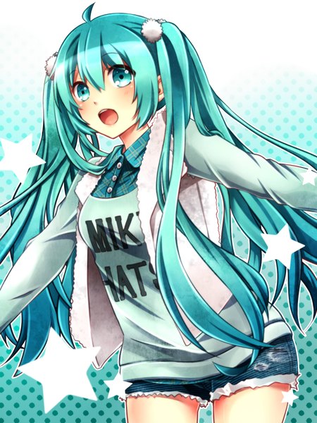 Anime picture 1500x2000 with vocaloid hatsune miku clarinet (natsumi3230) single tall image blush open mouth twintails ahoge very long hair aqua eyes aqua hair girl shorts star (symbol) vest