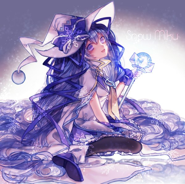 Anime picture 1024x1021 with vocaloid suki! yuki! maji magic (vocaloid) hatsune miku yuki miku yuki miku (2014) yasiromann single looking at viewer open mouth sitting purple eyes blue hair very long hair character names wariza girl dress hat pantyhose shoes