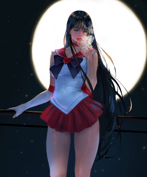 Anime picture 3704x4475 with bishoujo senshi sailor moon toei animation hino rei sailor mars j. won han single long hair tall image fringe highres black hair purple eyes looking away absurdres blunt bangs nail polish night mole mole under eye covered navel