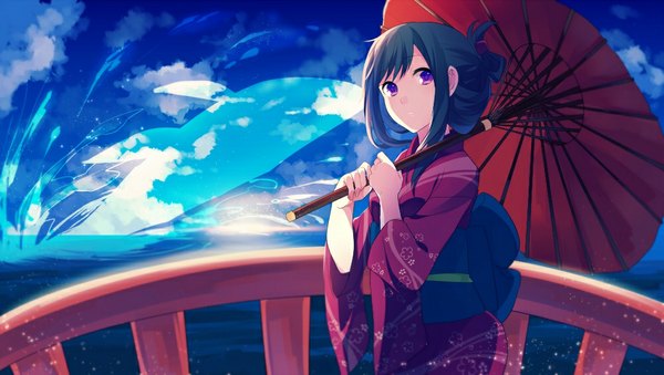 Anime picture 1000x566 with original achiki looking at viewer short hair wide image purple eyes green hair sparkle evening sunset scenic girl hair ornament animal sea umbrella yukata fence oriental umbrella whale