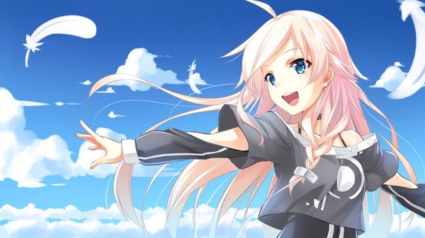 Anime picture 1920x1080 with vocaloid ia (vocaloid) ame no uta (aria-rain) single long hair blush highres open mouth blue eyes smile wide image bare shoulders looking away pink hair sky cloud (clouds) ahoge braid (braids) sunlight teeth