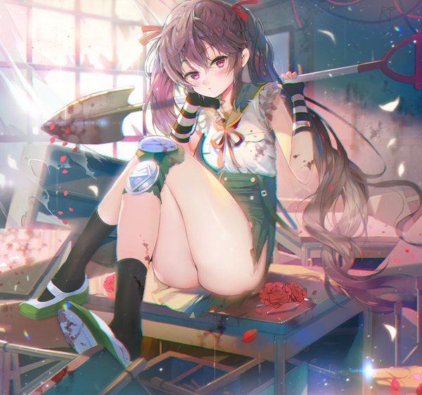 Anime picture 861x806 with gakkou gurashi! ebisuzawa kurumi repi987 single long hair looking at viewer blush light erotic brown hair sitting twintails purple eyes purple hair arm support crossed legs torn clothes lens flare anaglyph classroom blood stains