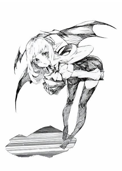 Anime picture 1772x2480 with touhou koakuma oshake single long hair tall image highres open mouth simple background white background shadow zettai ryouiki demon wings sketch girl thighhighs dress black thighhighs wings necktie