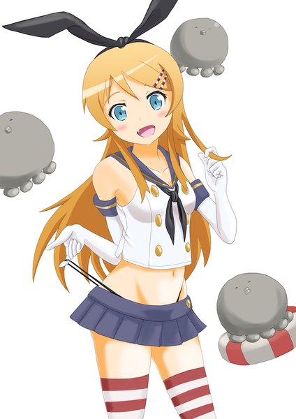 Anime picture 723x1024 with kantai collection ore no imouto ga konna ni kawaii wake ga nai kousaka kirino b (papiopine) single long hair tall image looking at viewer blush open mouth blue eyes blonde hair simple background white background bare shoulders cosplay shimakaze (kancolle) (cosplay) girl thighhighs gloves