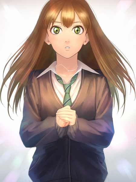 Anime picture 840x1120 with idolmaster idolmaster cinderella girls shibuya rin amino (tn7135) single long hair tall image looking at viewer simple background brown hair green eyes girl uniform school uniform earrings necktie necklace