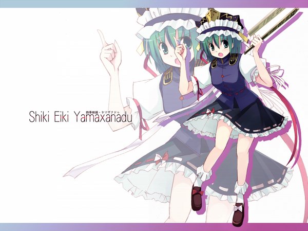 Anime picture 1600x1199 with touhou shikieiki yamaxanadu seo tatsuya single fringe highres short hair open mouth hair between eyes green eyes green hair short sleeves wallpaper puffy sleeves character names zoom layer girl hat socks white socks