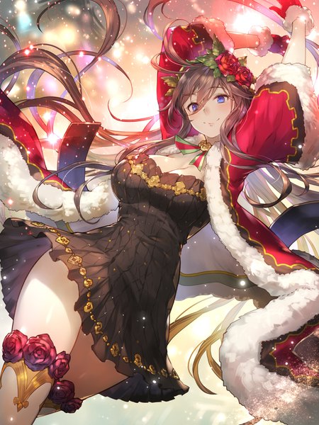 Anime picture 2250x3000 with granblue fantasy rosetta (granblue fantasy) kakage single tall image looking at viewer blush fringe highres breasts blue eyes smile hair between eyes brown hair large breasts cleavage very long hair hair flower arms up fur trim