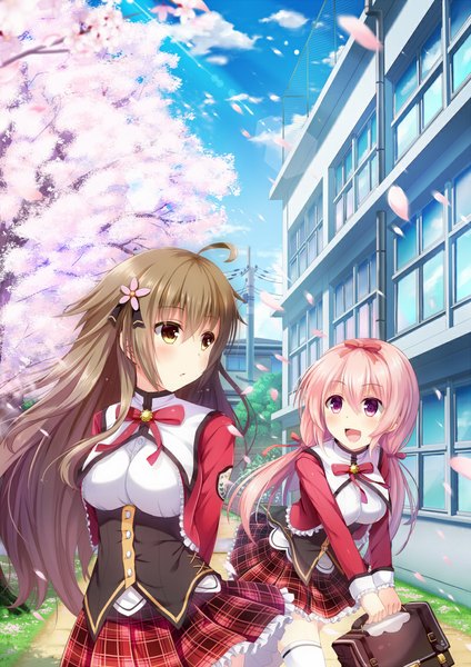 Anime picture 800x1131 with original noe noel long hair tall image blush brown hair purple eyes multiple girls yellow eyes pink hair cherry blossoms girl uniform hair ornament 2 girls plant (plants) school uniform petals tree (trees) school bag