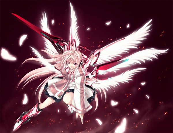 Anime picture 1400x1078 with single long hair looking at viewer blonde hair mecha musume girl weapon wings feather (feathers)