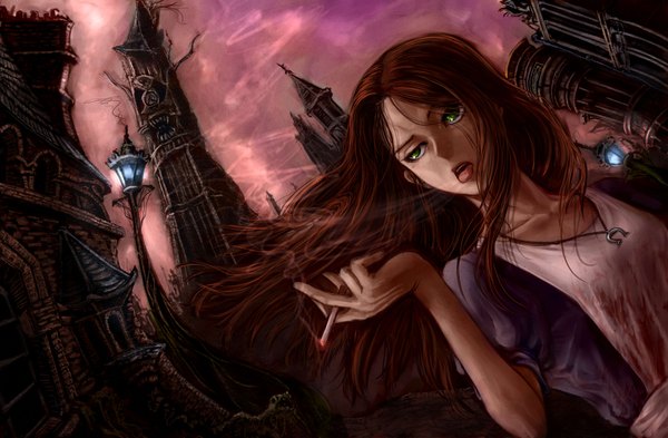 Anime picture 2000x1312 with american mcgee's alice (game) alice: madness returns alice (american mcgee's) ceramic man single long hair highres open mouth brown hair green eyes looking away wind short sleeves smoke smoking girl choker pendant building (buildings) apron