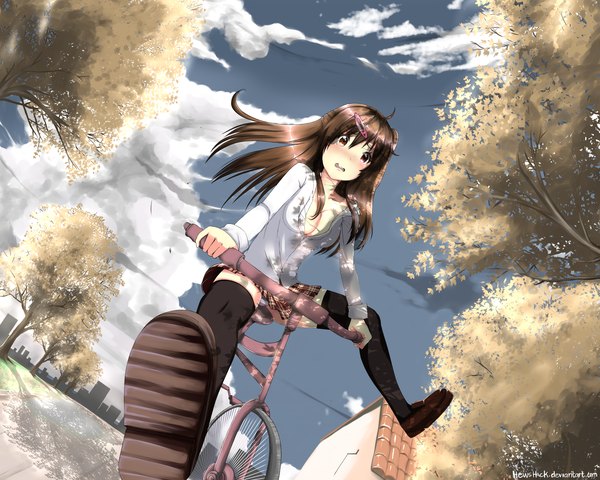 Anime picture 2500x2000 with chuunibyou demo koi ga shitai! kyoto animation nibutani shinka hews single long hair looking at viewer highres open mouth light erotic brown hair brown eyes sky cloud (clouds) from below girl thighhighs skirt hair ornament underwear