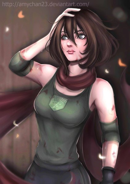 Anime picture 2900x4120 with shingeki no kyojin production i.g mikasa ackerman amaru single tall image fringe highres short hair hair between eyes brown hair signed looking away lips grey eyes sweat hand on head brown background girl scarf