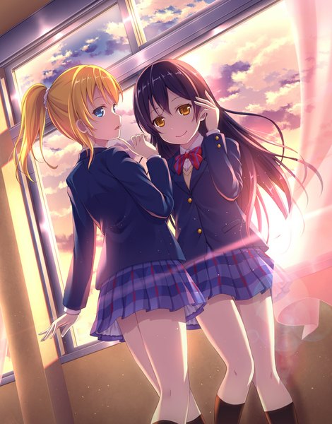 Anime picture 784x1000 with love live! school idol project sunrise (studio) love live! ayase eli sonoda umi uehara yukihiko long hair tall image blue eyes black hair blonde hair smile multiple girls brown eyes sky cloud (clouds) ponytail girl skirt uniform