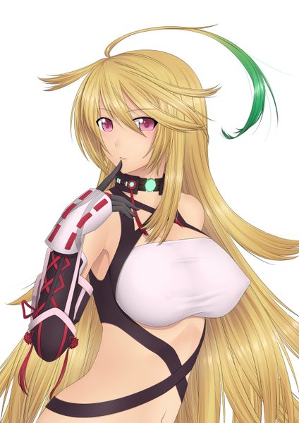 Anime picture 1000x1414 with tales of (series) tales of xillia milla maxwell kai (link2262) single long hair tall image breasts light erotic blonde hair red eyes large breasts white background ahoge midriff girl