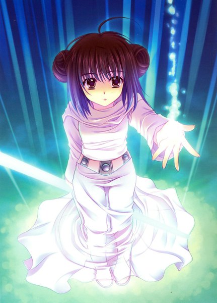Anime picture 920x1279 with star wars princess leia organa solo nishimata aoi single tall image looking at viewer blush fringe short hair brown hair brown eyes ahoge from above official art hair bun (hair buns) outstretched arm outstretched hand arm behind back glowing weapon girl
