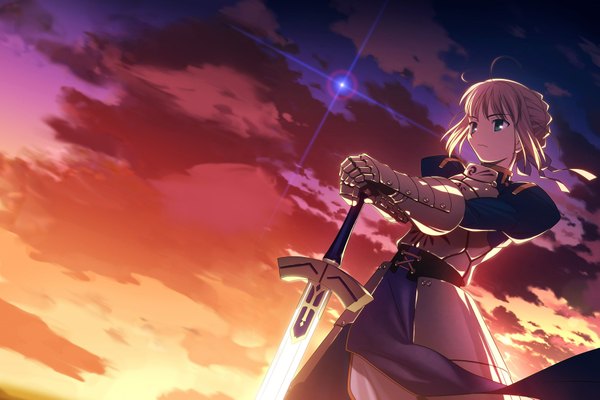 Anime picture 3669x2451 with fate (series) fate/stay night fate/zero studio deen type-moon artoria pendragon (all) saber single fringe highres short hair blonde hair standing holding absurdres sky cloud (clouds) aqua eyes glowing evening