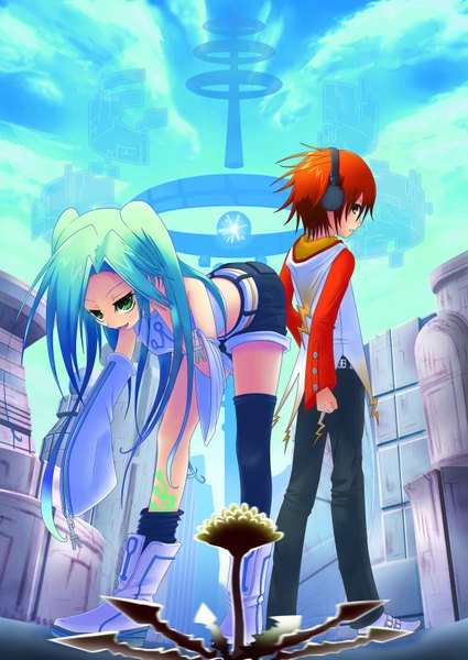 Anime picture 2508x3541 with master-kouhei long hair tall image highres short hair green eyes yellow eyes red hair looking back aqua hair bent over girl thighhighs boy black thighhighs shorts boots