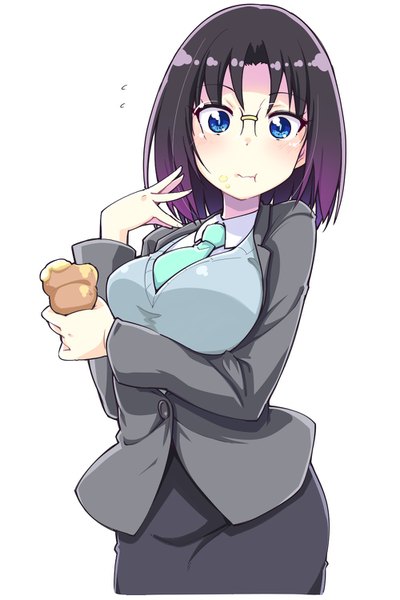 Anime picture 1000x1500 with kobayashi-san chi no maidragon kyoto animation elma (maidragon) yamabuki zarame single tall image looking at viewer short hair breasts blue eyes black hair simple background white background gradient hair breast hold :t office lady food on face girl skirt