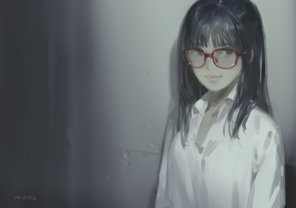 Anime picture 842x595 with original hjl single long hair looking at viewer fringe black hair smile signed upper body blunt bangs lips black eyes shadow dated open collar against wall sketch girl shirt