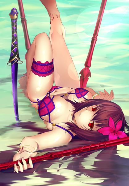 Anime picture 891x1280 with fate (series) fate/grand order scathach (fate) (all) scathach (swimsuit assassin) (fate) dear (10956869) single long hair tall image looking at viewer breasts light erotic red eyes purple hair hair flower girl flower (flowers) weapon swimsuit bikini water