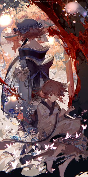 Anime picture 638x1278 with touhou saigyouji yuyuko myon kawacy single tall image red eyes looking away red hair traditional clothes japanese clothes from behind wide sleeves cherry blossoms floral print alternate age injury bleeding girl bow