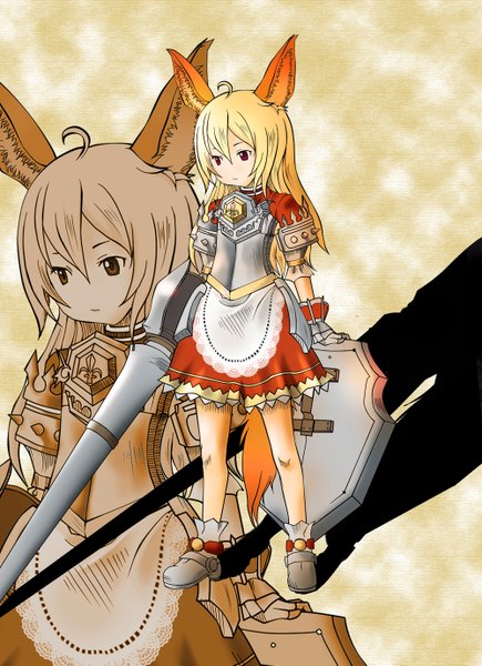 Anime picture 1000x1377 with tera online rokona (artist) single long hair tall image blonde hair red eyes animal ears zoom layer girl dress weapon armor spear shield