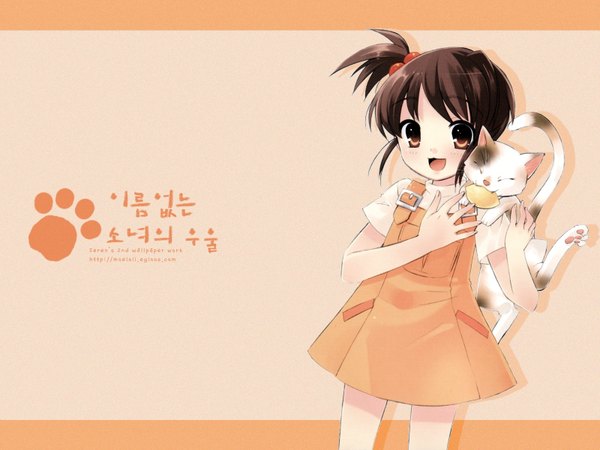 Anime picture 1600x1200 with suzumiya haruhi no yuutsu kyoto animation kyon no imouto shamisen (suzumiya haruhi) looking at viewer fringe short hair open mouth smile standing brown eyes eyes closed inscription side ponytail eating girl hair ornament cat hair tie hair bobbles