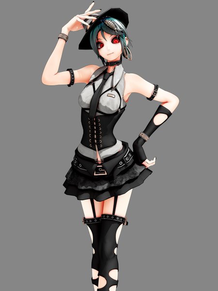 Anime picture 1125x1500 with vocaloid bacterial contamination (vocaloid) maeda koutarou single tall image short hair simple background red eyes grey background underbust girl thighhighs dress gloves hat miniskirt elbow gloves bracelet corset armband