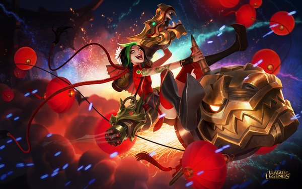 Anime picture 1920x1200 with league of legends jinx (league of legends) jason chan single highres open mouth black hair holding green eyes multicolored hair tattoo alternate costume copyright name happy eyeshadow dual wielding alternate hair color crazy smoking gun girl