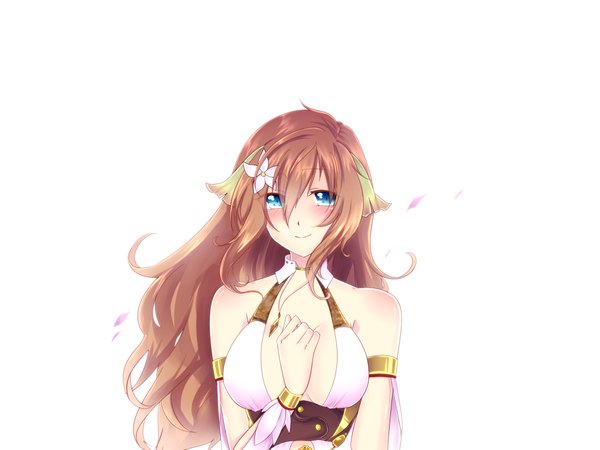 Anime picture 1024x768 with surge concerto: ciel nosurge gust (company) ionasal kkll preciel single long hair blush blue eyes simple background smile brown hair white background bare shoulders hair flower girl dress hair ornament