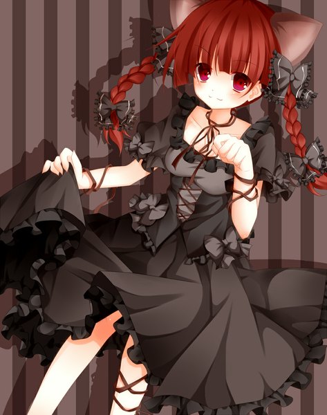 Anime picture 900x1140 with touhou kaenbyou rin mog (artist) single long hair tall image looking at viewer blush red eyes animal ears red hair tail braid (braids) animal tail cat ears cat girl cat tail extra ears girl dress