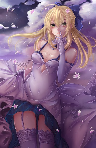 Anime picture 792x1224 with fate (series) fate/stay night fate/unlimited codes type-moon artoria pendragon (all) saber saber lily saucebox16 katrina lynn long hair tall image breasts light erotic blonde hair green eyes sky cloud (clouds) pantyshot girl thighhighs