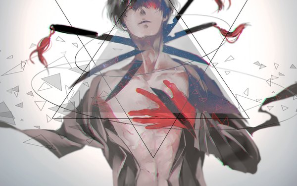 Anime picture 1794x1123 with tokyo ghoul studio pierrot kaneki ken yongkang single looking at viewer fringe highres short hair light erotic black hair simple background red eyes parted lips hair over one eye grey background open shirt hand on chest boy weapon