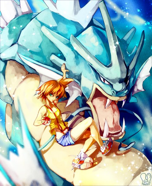 Anime picture 1800x2200 with pokemon nintendo misty (pokemon) gyarados sa-dui tall image looking at viewer highres short hair signed aqua eyes orange hair teeth fang (fangs) gen 1 pokemon girl shorts sneakers suspenders monster