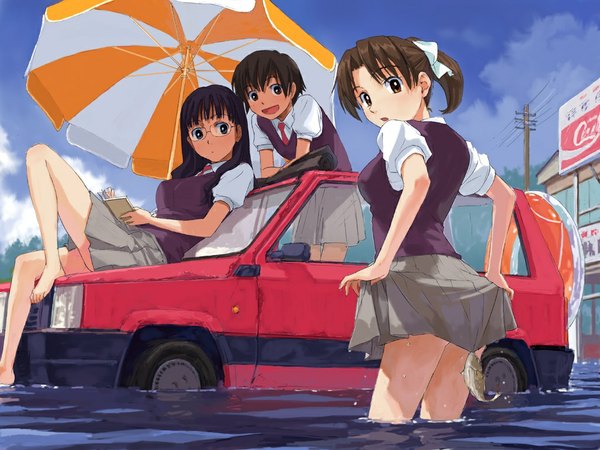 Anime picture 1024x768 with naruko hanaharu brown hair multiple girls barefoot wet skirt lift wet clothes girl skirt uniform ribbon (ribbons) school uniform glasses 3 girls umbrella fish (fishes) ground vehicle car