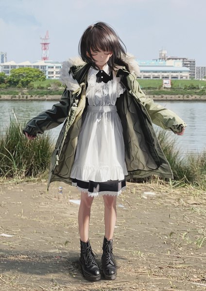 Anime picture 2894x4093 with original nadegata single tall image highres short hair brown hair standing sky full body outdoors eyes closed long sleeves wind open jacket fur trim sleeves past wrists river photo background girl