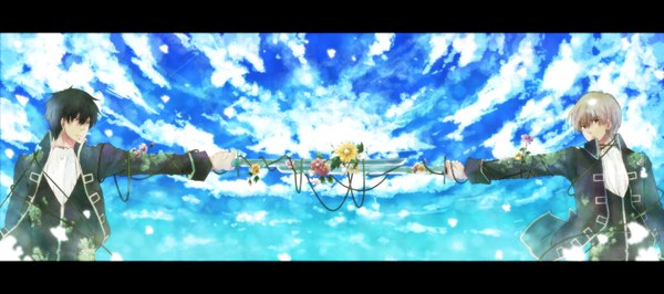 Anime picture 1500x666 with gintama sunrise (studio) hijikata toshiro okita sougo kachiyu short hair black hair blonde hair wide image brown eyes sky cloud (clouds) boy uniform flower (flowers) weapon plant (plants) petals sword neckerchief