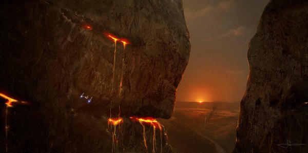 Anime picture 1500x747 with erenarik (artist) wide image evening sunset landscape rock science fiction lava aircraft road