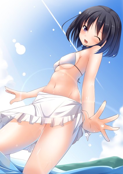 Anime picture 992x1403 with original pastel-pastel single tall image blush short hair open mouth light erotic black hair purple eyes sky cloud (clouds) one eye closed wink girl navel swimsuit bikini